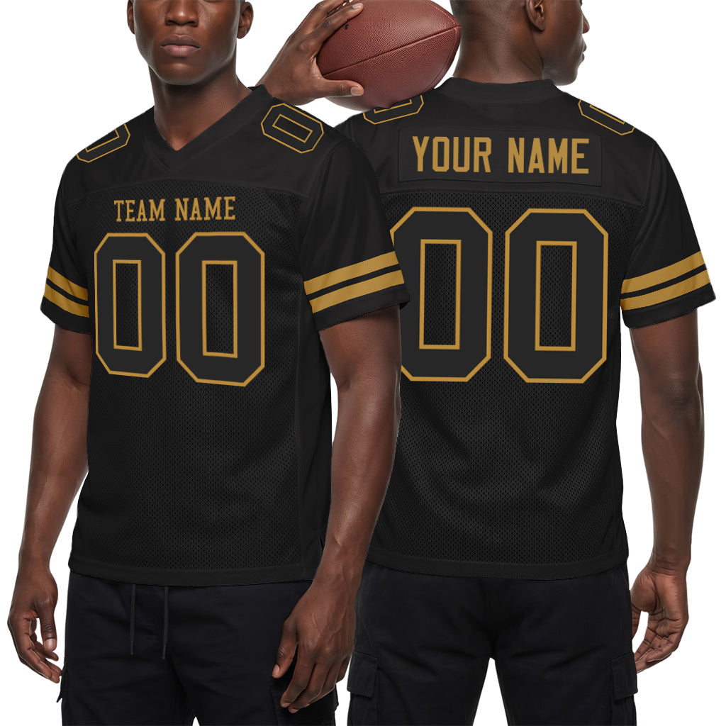 Custom Black Black-Old Gold Mesh Football Jersey