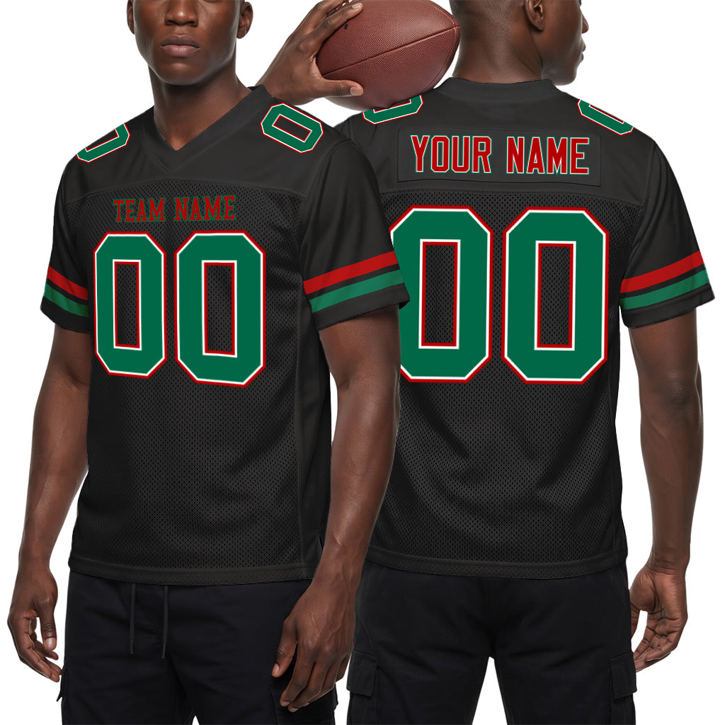 Custom Black Kelly Green-Red Mesh Football Jersey