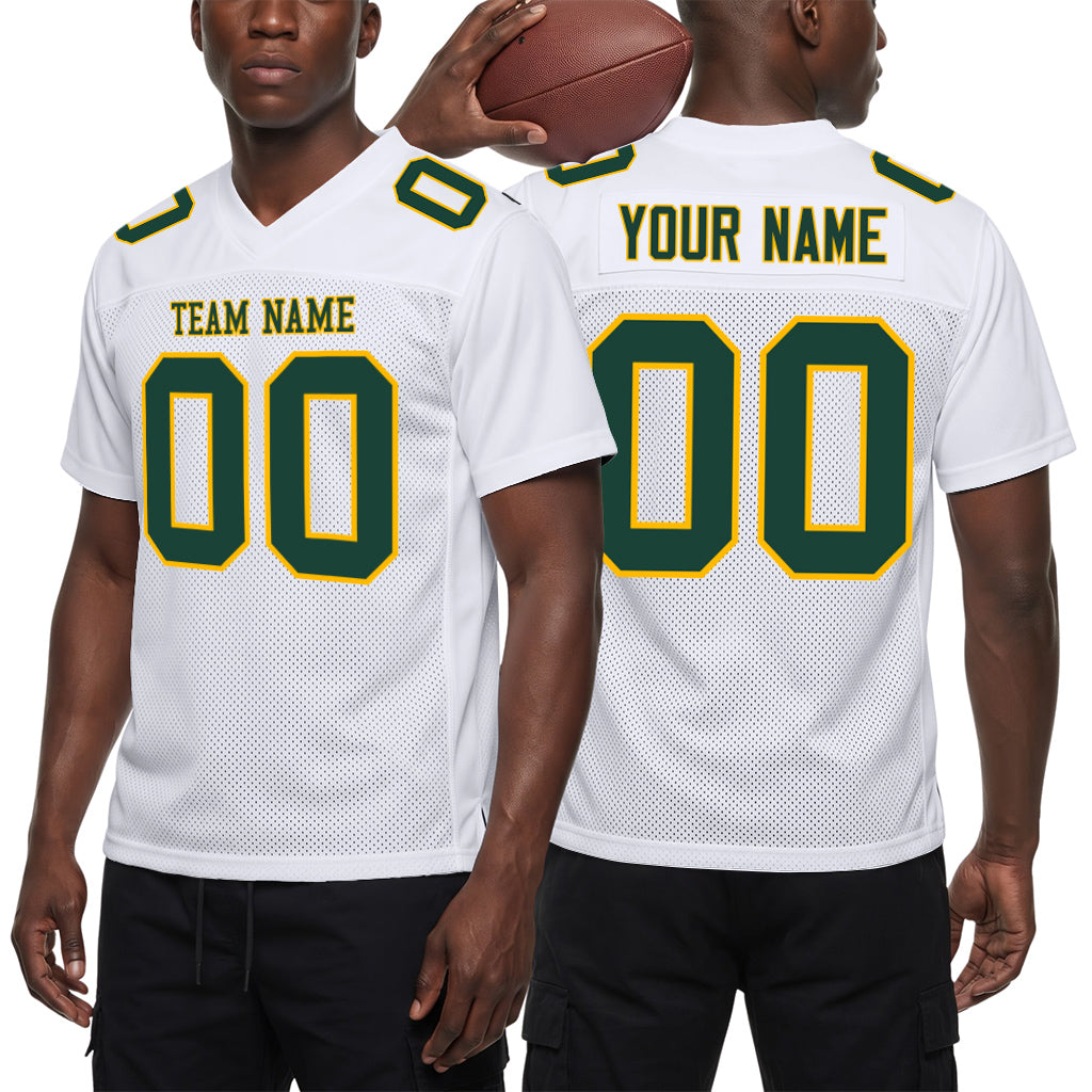 Custom White Green-Gold Mesh Football Jersey