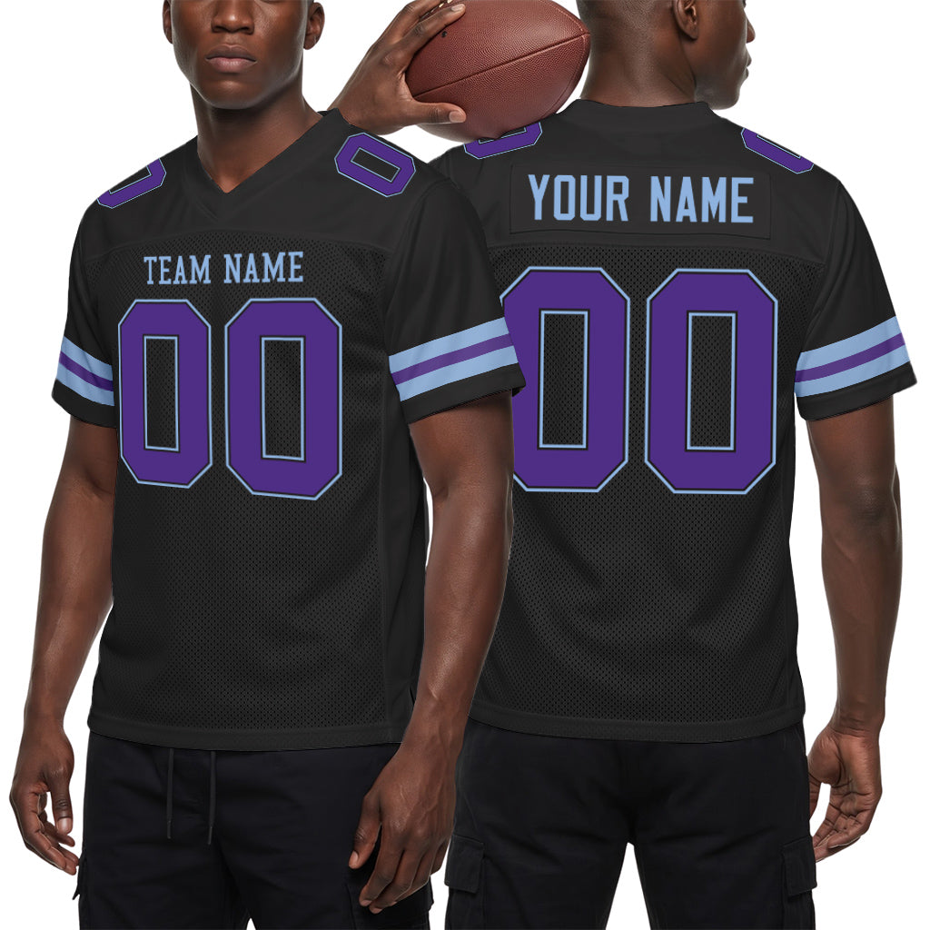 Custom Black Purple-Light Blue Mesh Football Jersey