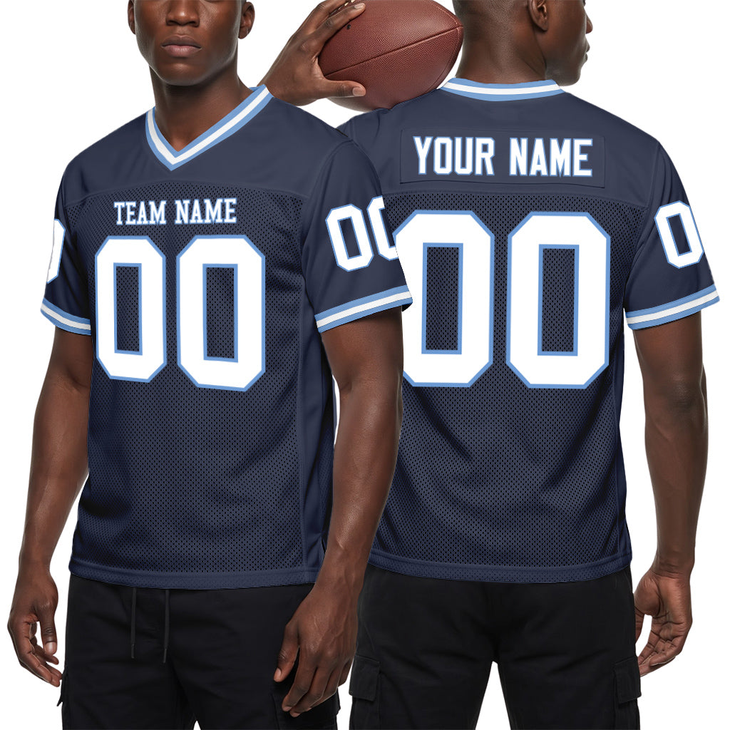 Custom Navy White-Light Blue Mesh Football Jersey