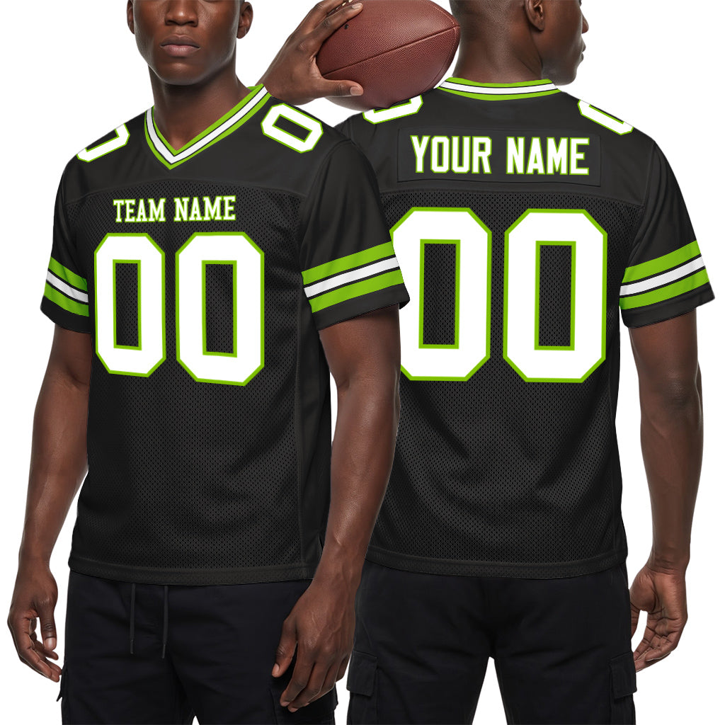 Custom Black White-Neon Green Mesh Football Jersey