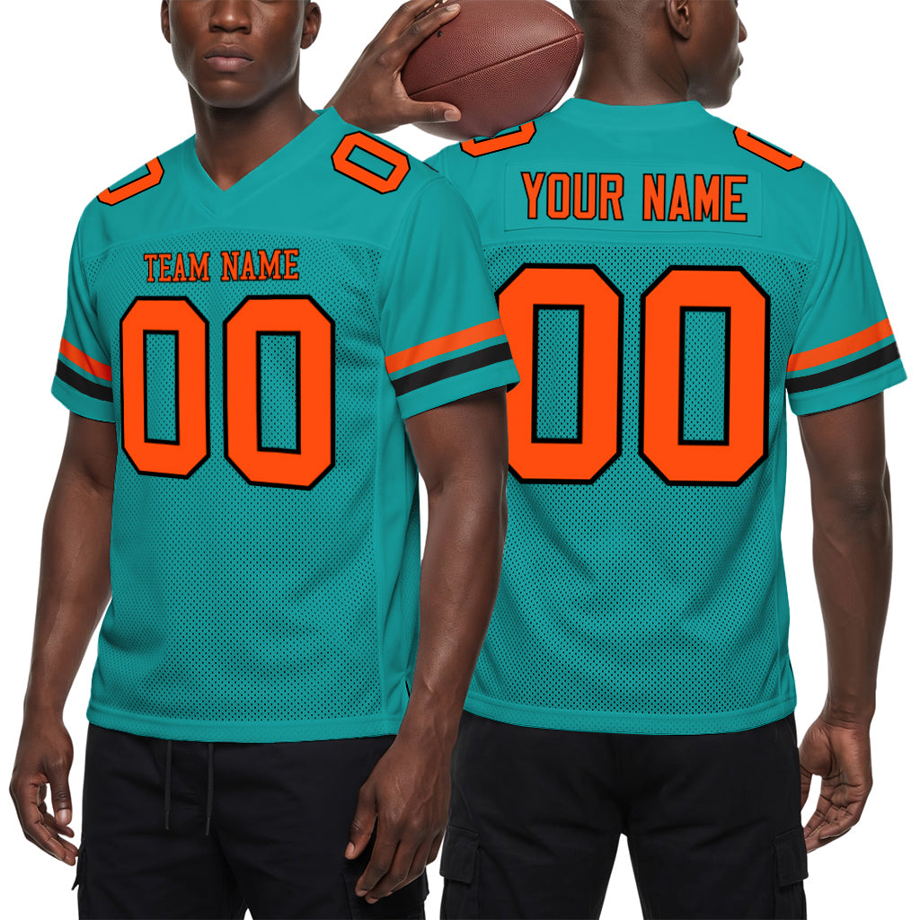 Custom Aqua Orange-Black Mesh Football Jersey