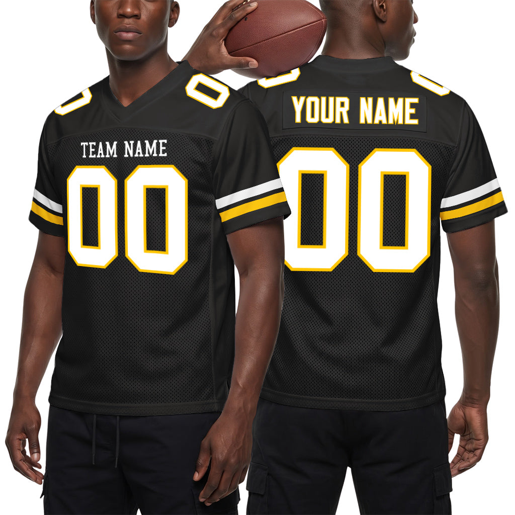 Custom Black White-Gold Mesh Football Jersey