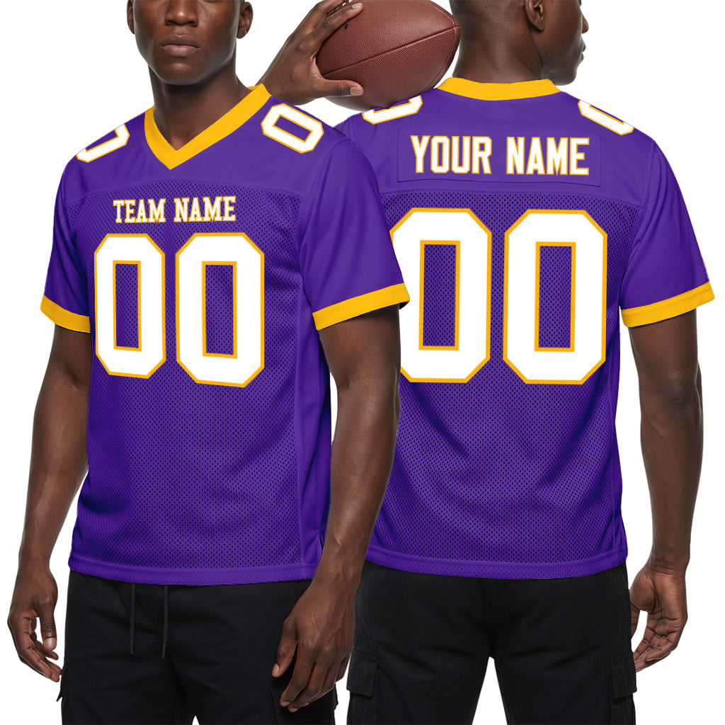 Custom Purple White-Gold Mesh Football Jersey