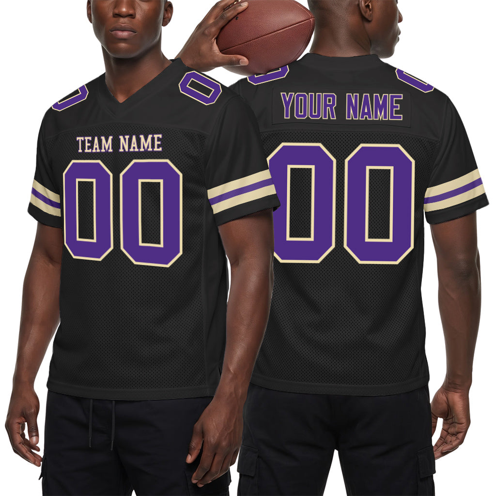 Custom Black Purple-Cream Mesh Football Jersey
