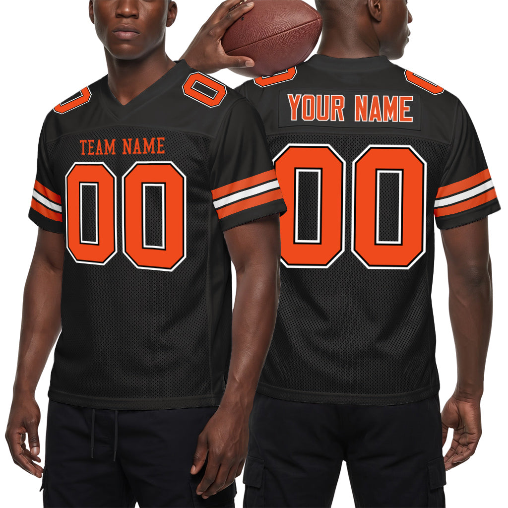 Custom Black Orange-White Custom Name Mesh Football Jersey
