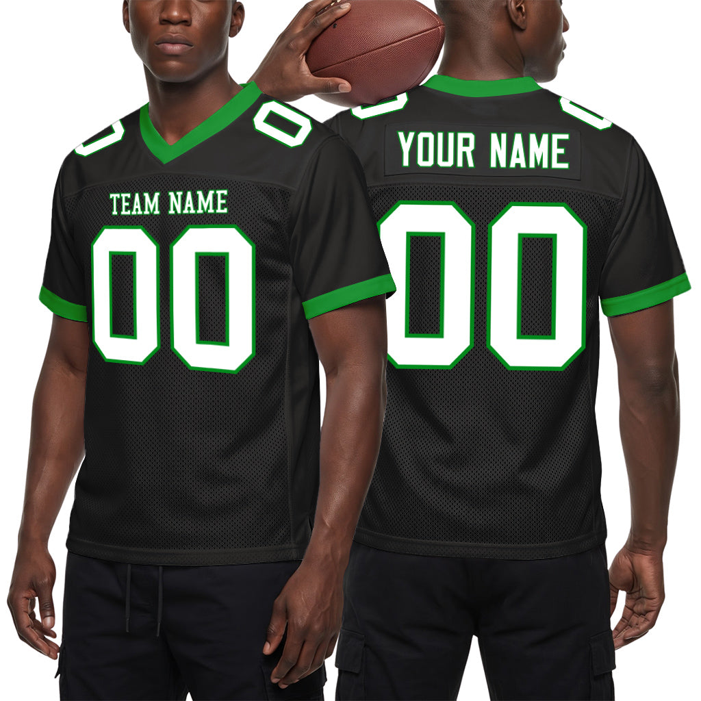 Custom Black White-Grass Green Mesh Football Jersey