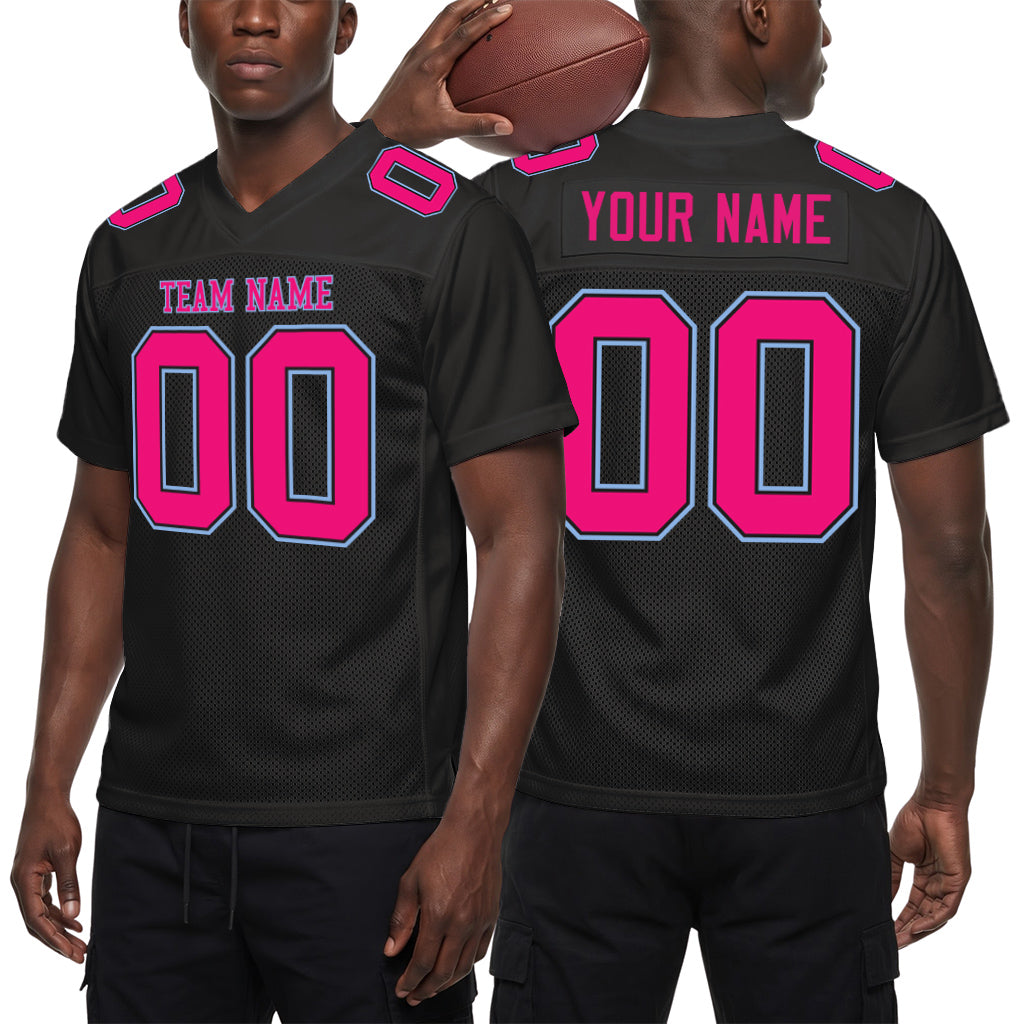 Custom Black Hot Pink-Light Blue Mesh Football Jersey
