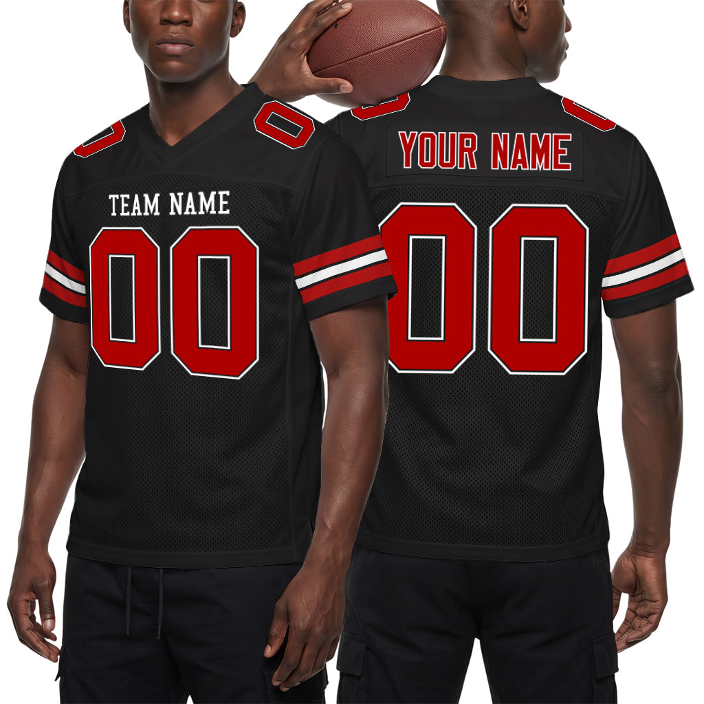Custom Black Red-White Mesh Football Jersey