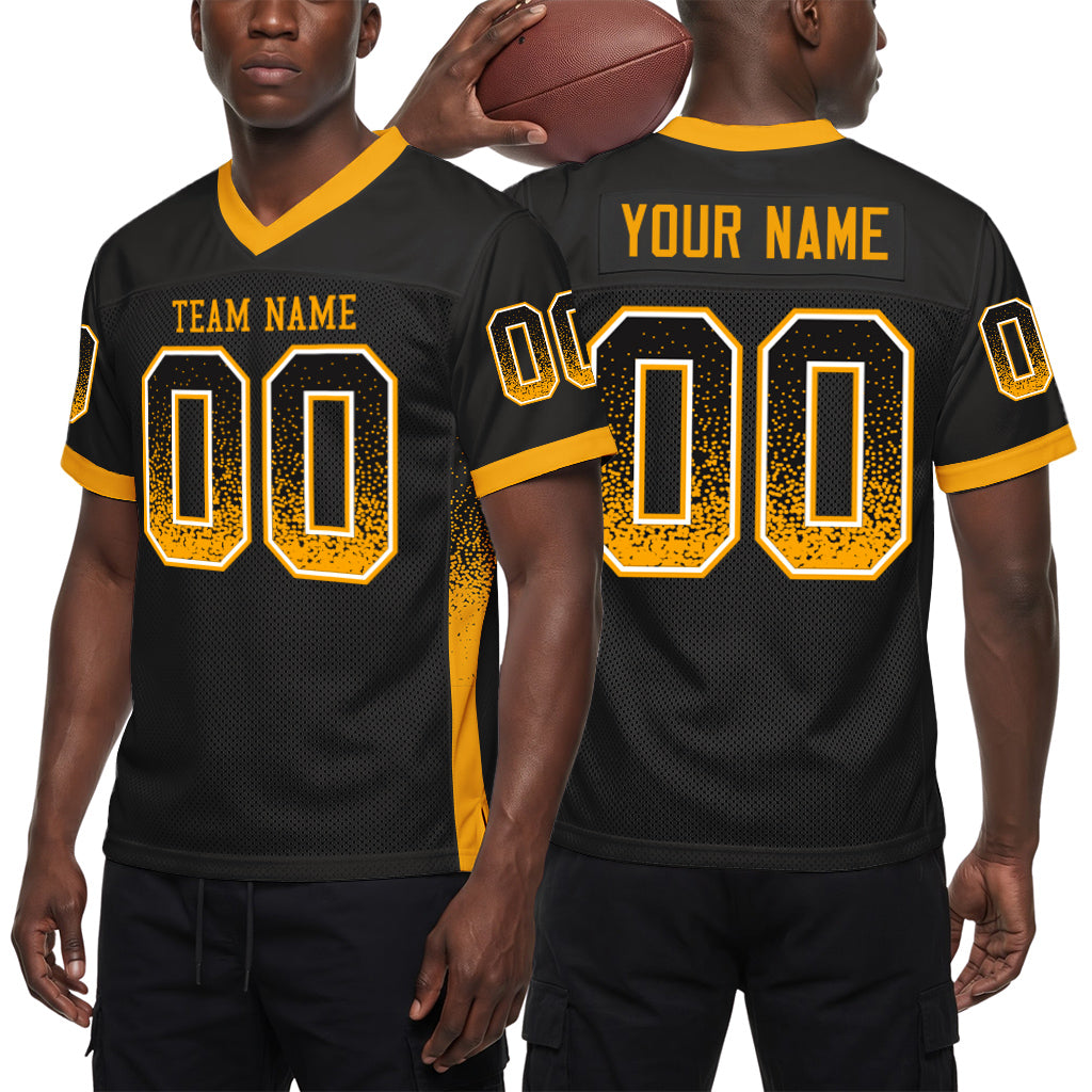 Custom Black Gold-White Drift Fashion Custom Name Mesh Football Jersey