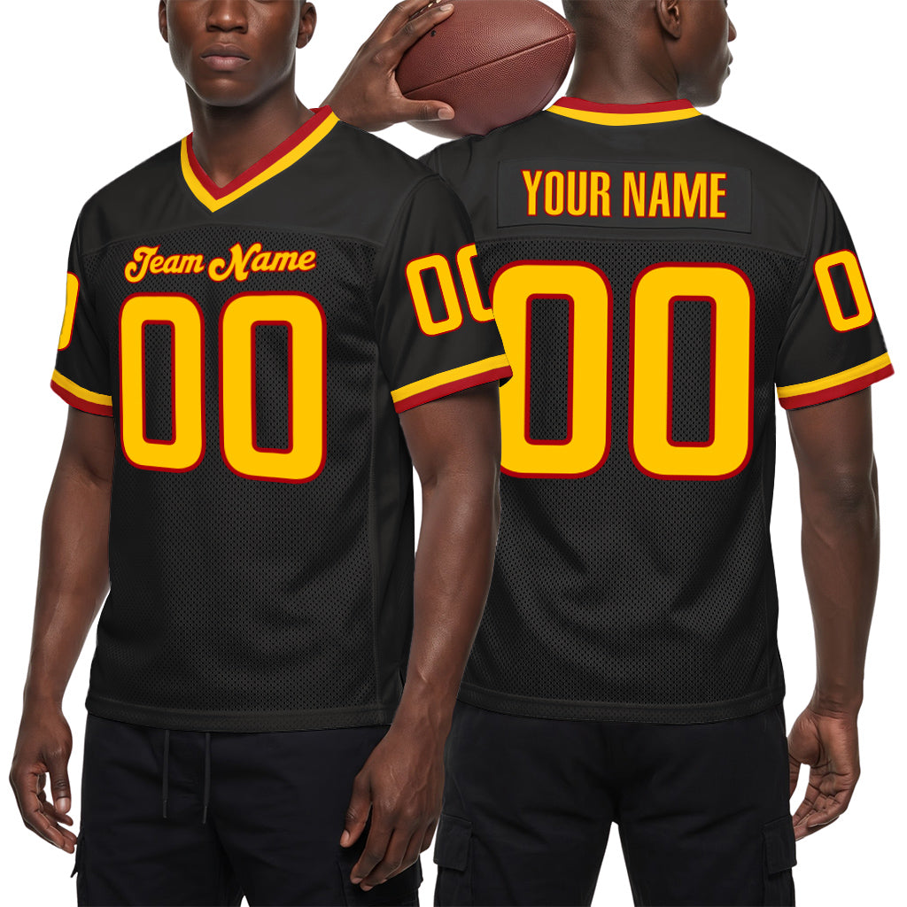 Custom Black Gold-Red Mesh Throwback Mesh Football Jersey