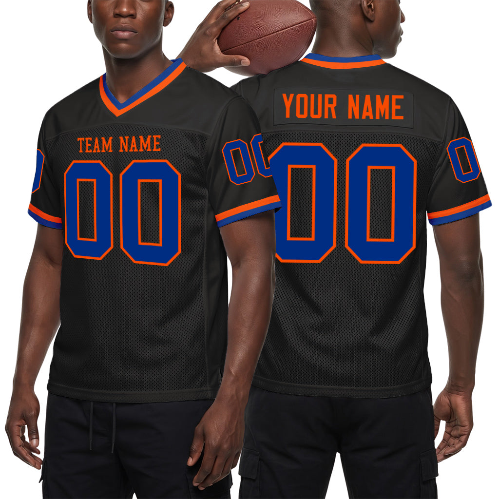 Custom Black Royal-Orange Mesh Throwback Mesh Football Jersey