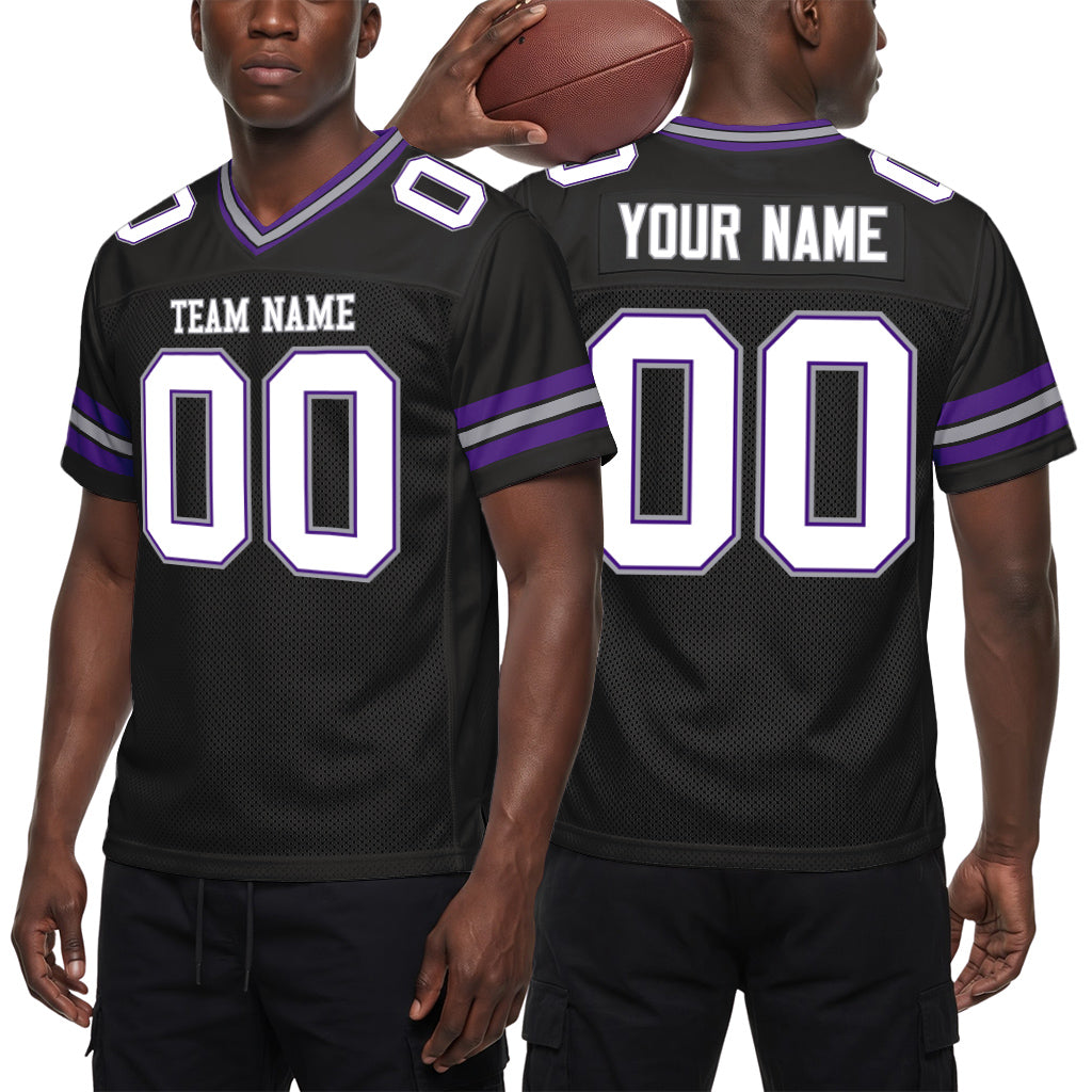 Custom Black White Purple-Gray Mesh Football Jersey