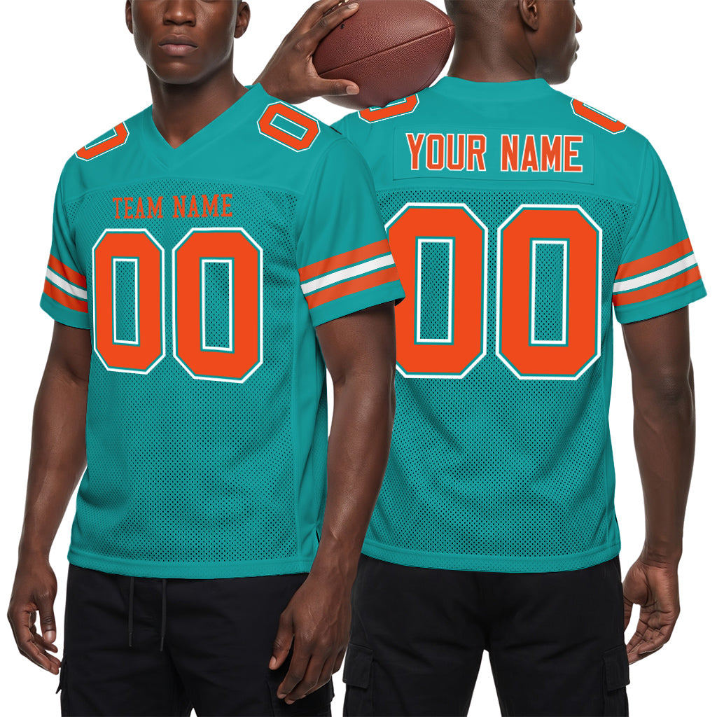 Custom Aqua Orange-White Mesh Football Jersey