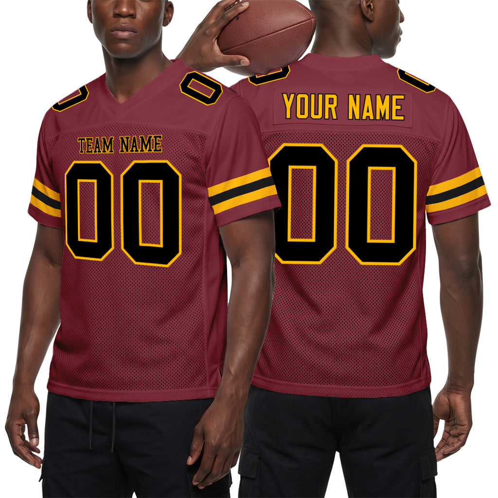 Custom Burgundy Black-Gold Mesh Football Jersey