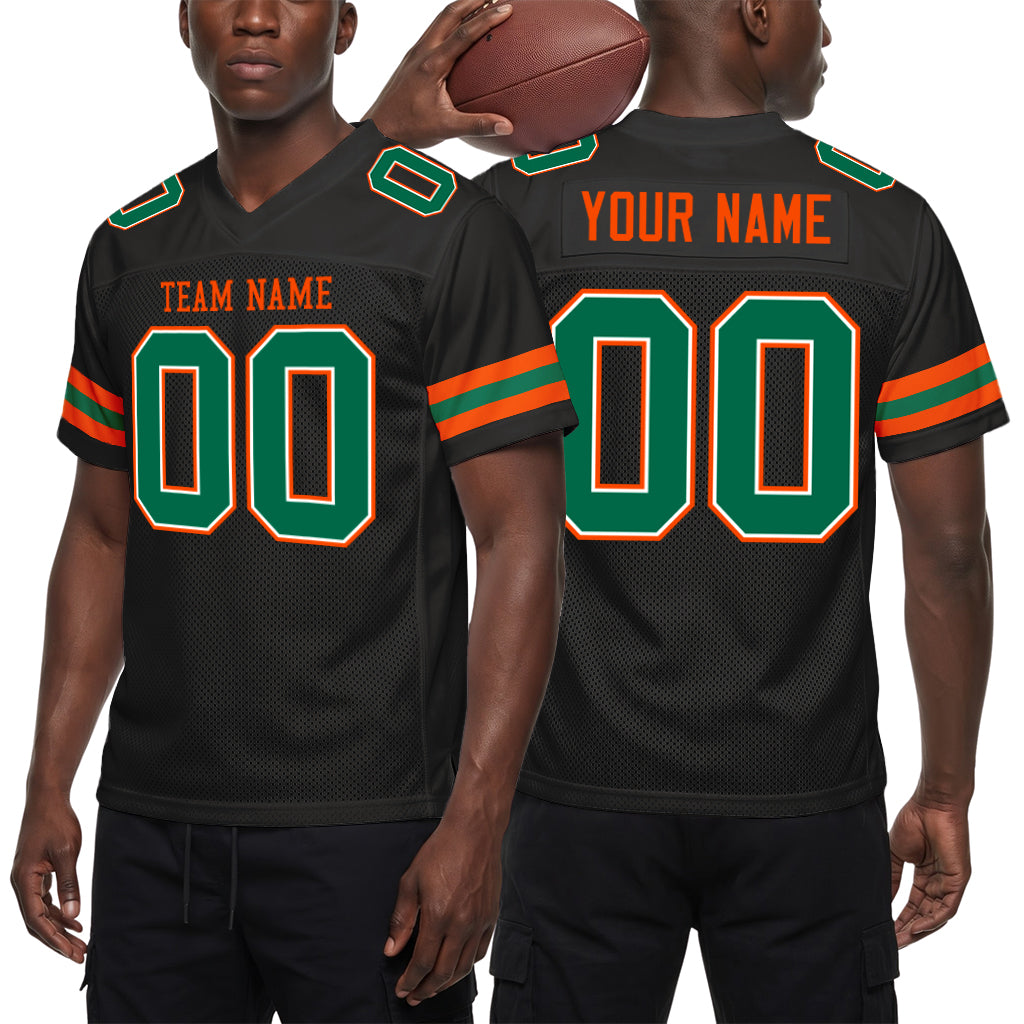 Custom Black Kelly Green-Orange Mesh Football Jersey