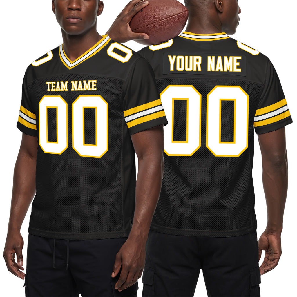 Custom Black White-Gold Mesh Football Jersey