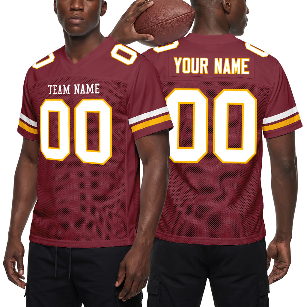 Custom Burgundy White-Gold Mesh Football Jersey