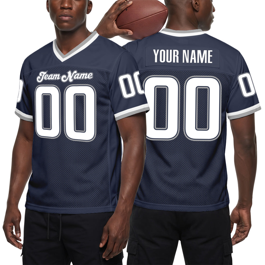 Custom Navy White-Gray Mesh Football Jersey