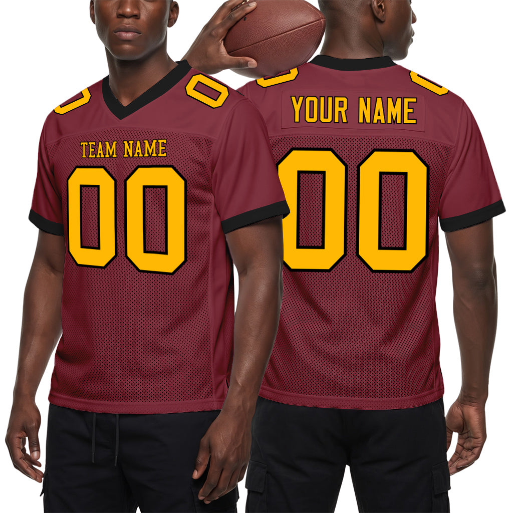 Custom Burgundy Gold-Black Mesh Football Jersey