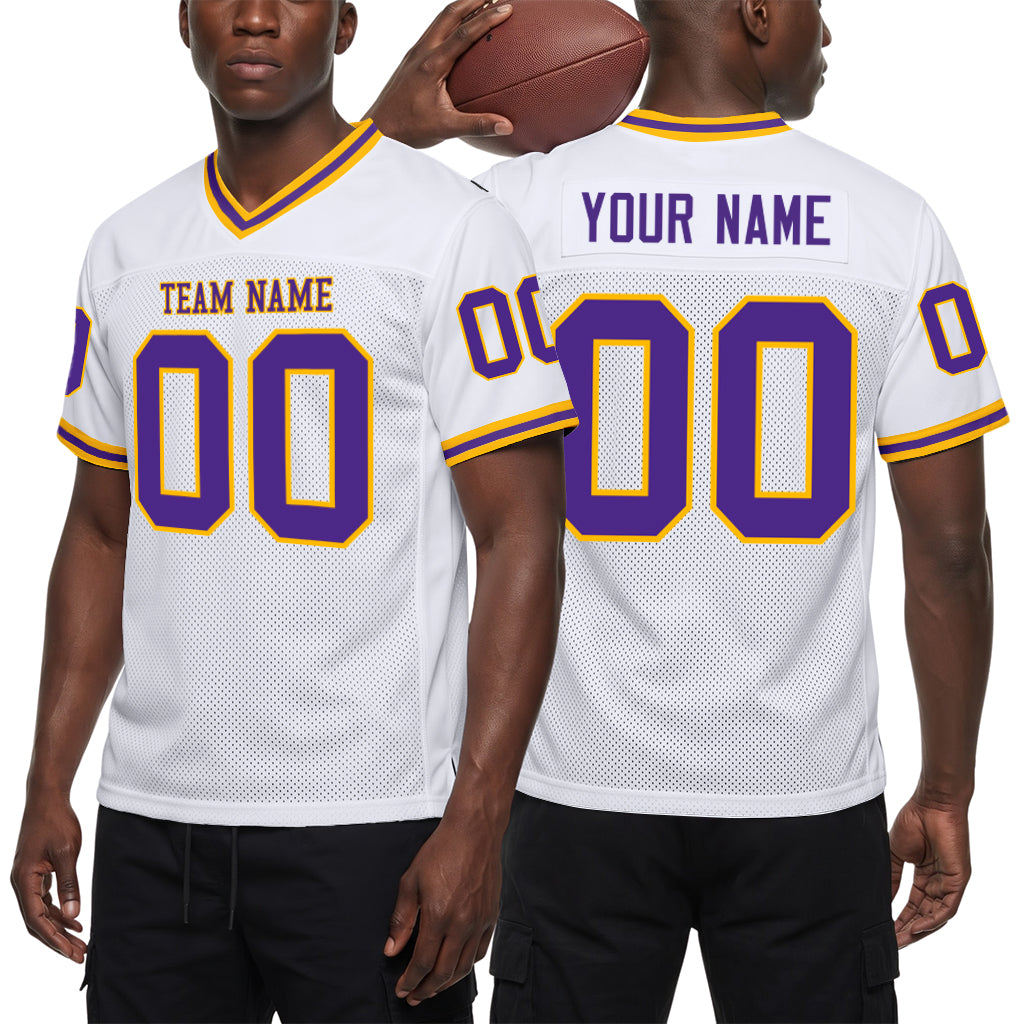 Custom White Purple-Gold Mesh Football Jersey
