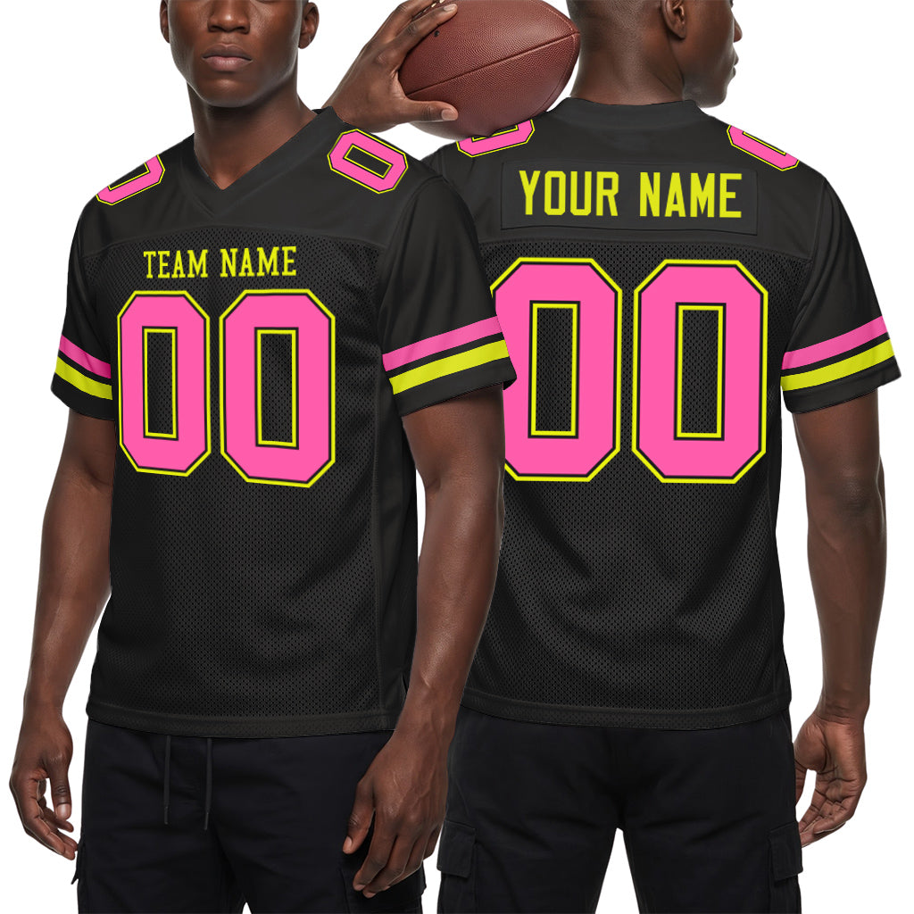 Custom Black Pink-Neon Yellow Mesh Football Jersey