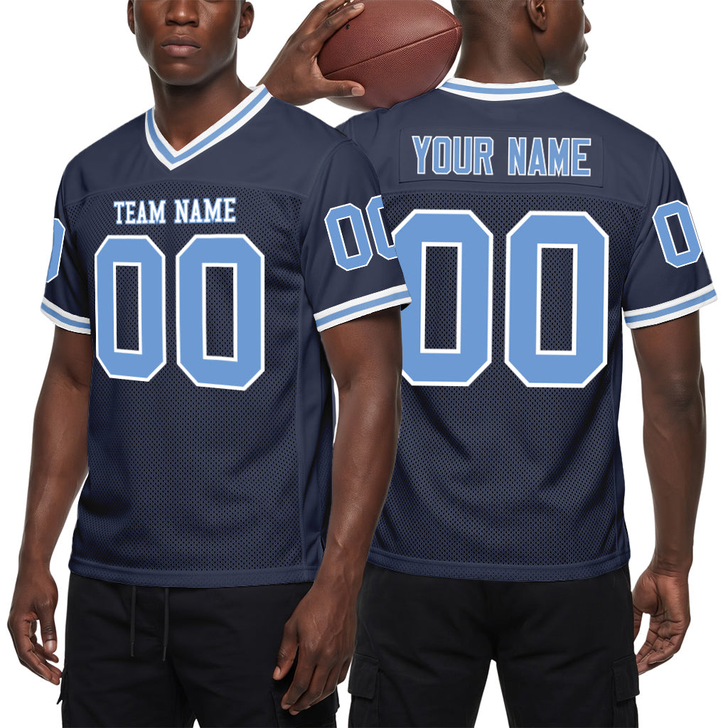 Custom Navy Light Blue-White Mesh Football Jersey