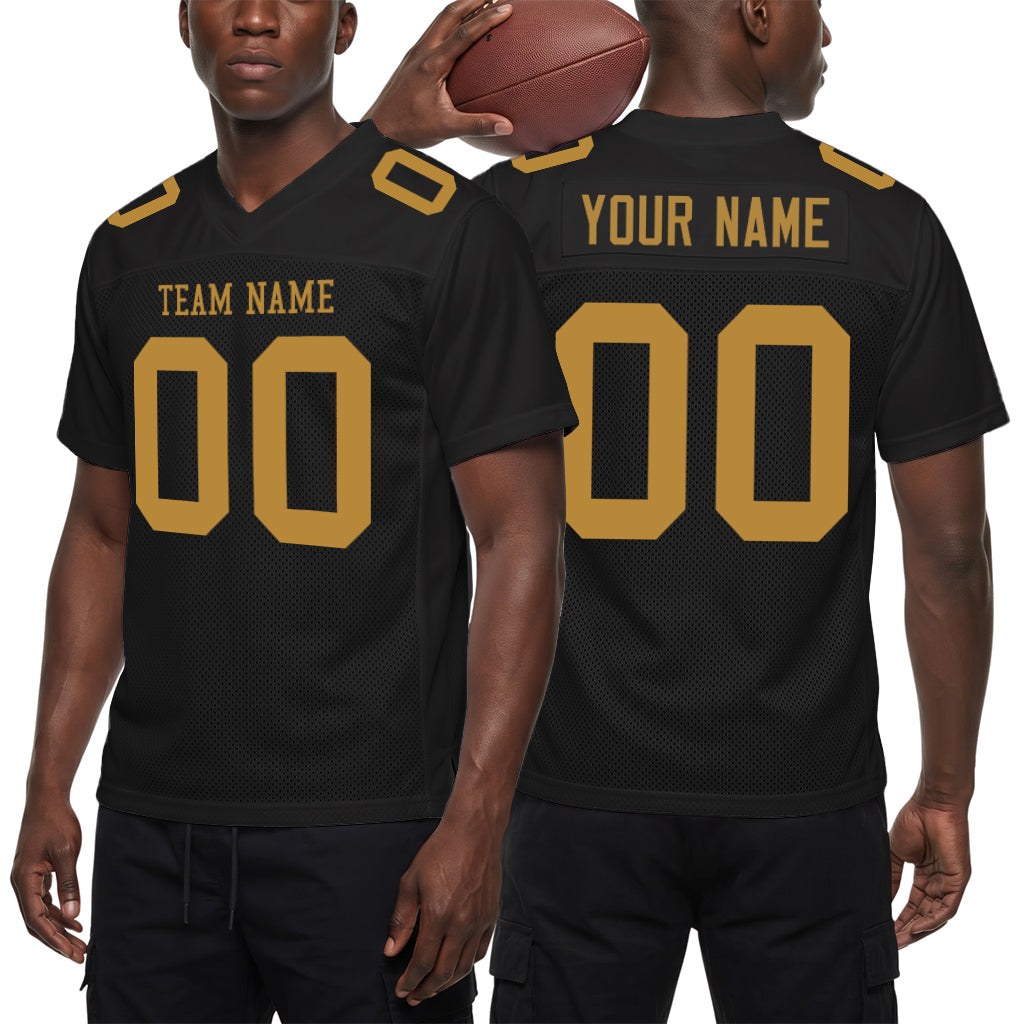 Custom Black Old Gold Mesh Football Jersey