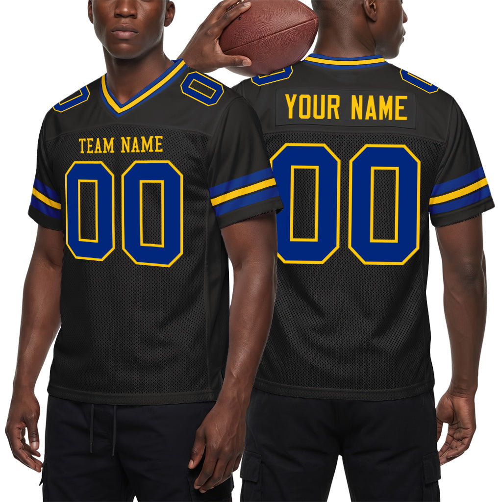 Custom Black Royal-Yellow Custom Name Mesh Football Jersey