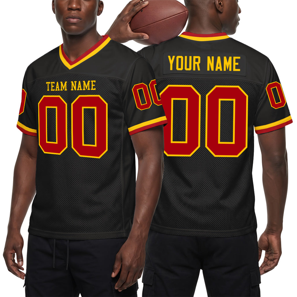 Custom Black Red-Gold Mesh Throwback Mesh Football Jersey