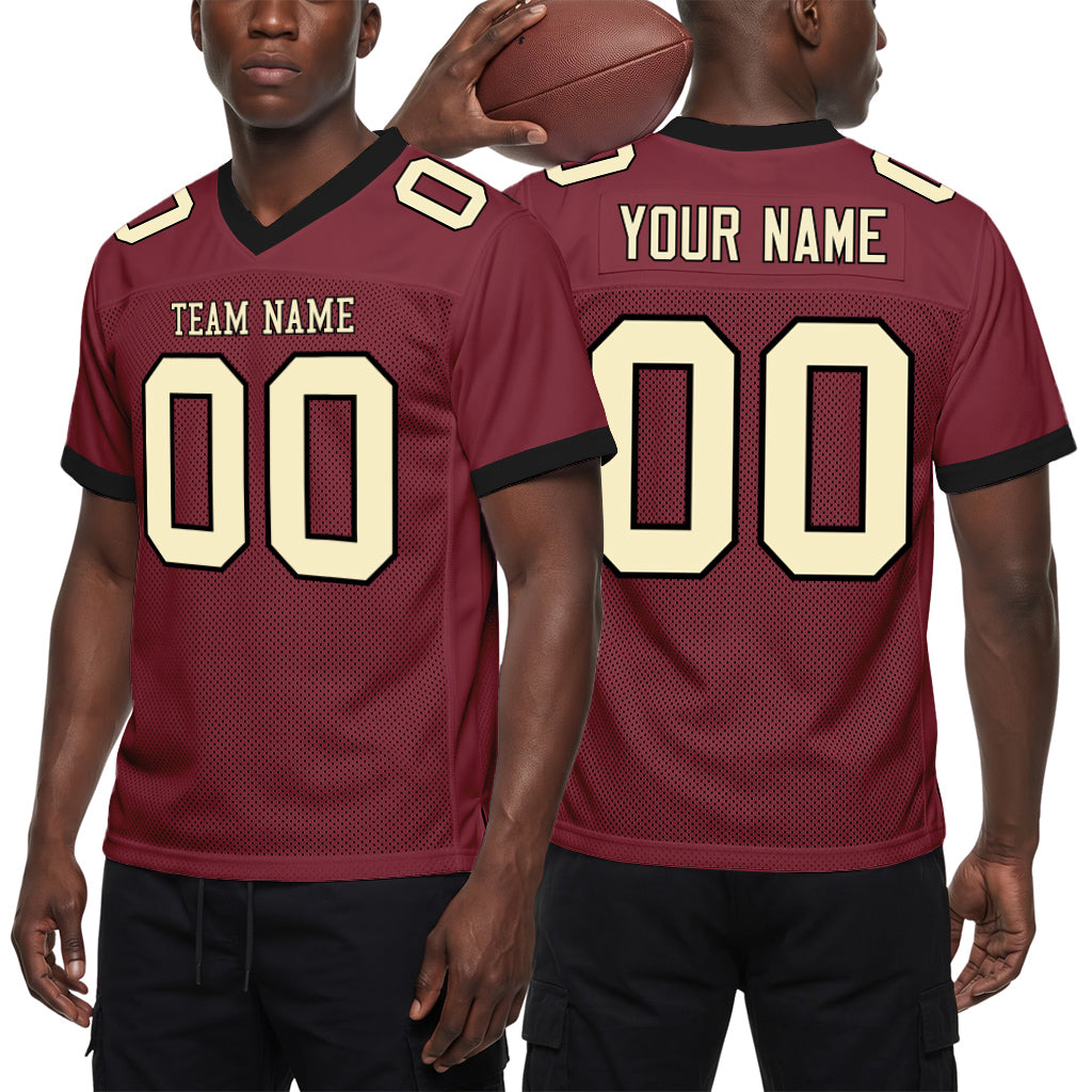 Custom Burgundy Cream-Black Mesh Football Jersey