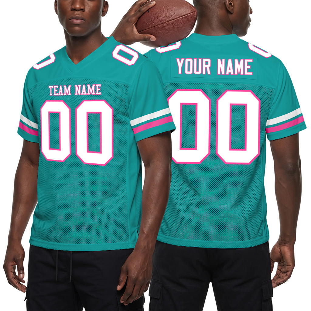 Custom Aqua White-Pink Mesh Football Jersey