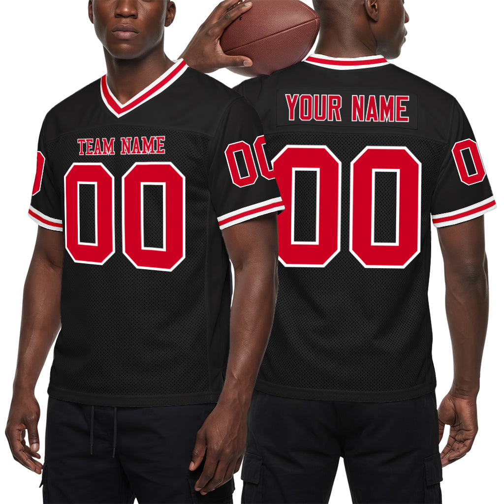 Custom Black Red-White Mesh Football Jersey