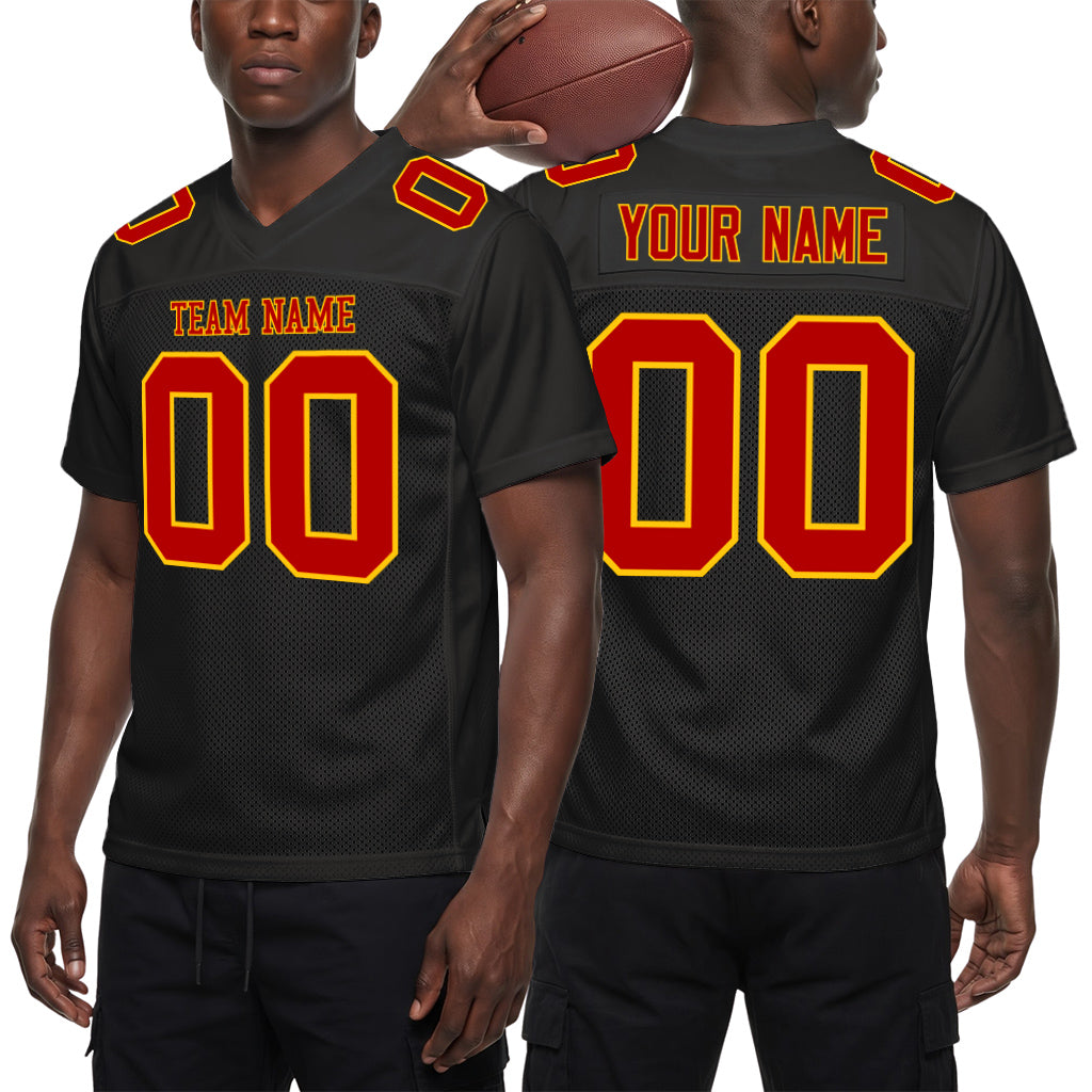 Custom Black Red-Gold Mesh Football Jersey