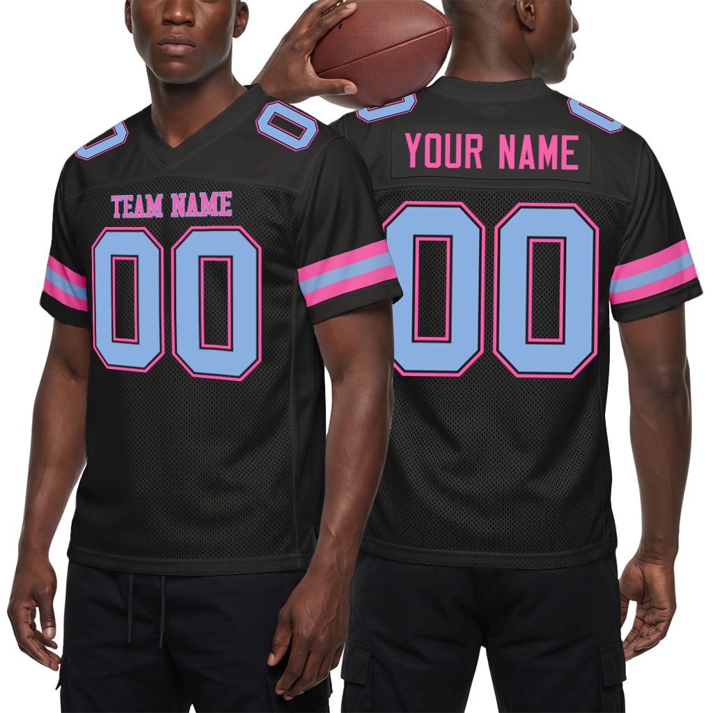 Custom Black Light Blue-Pink Mesh Football Jersey