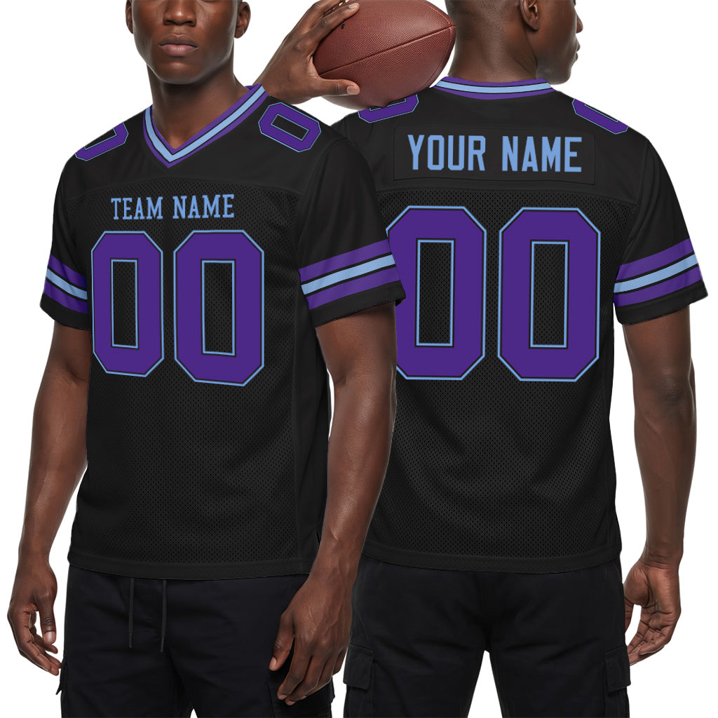 Custom Black Purple-Light Blue Mesh Football Jersey