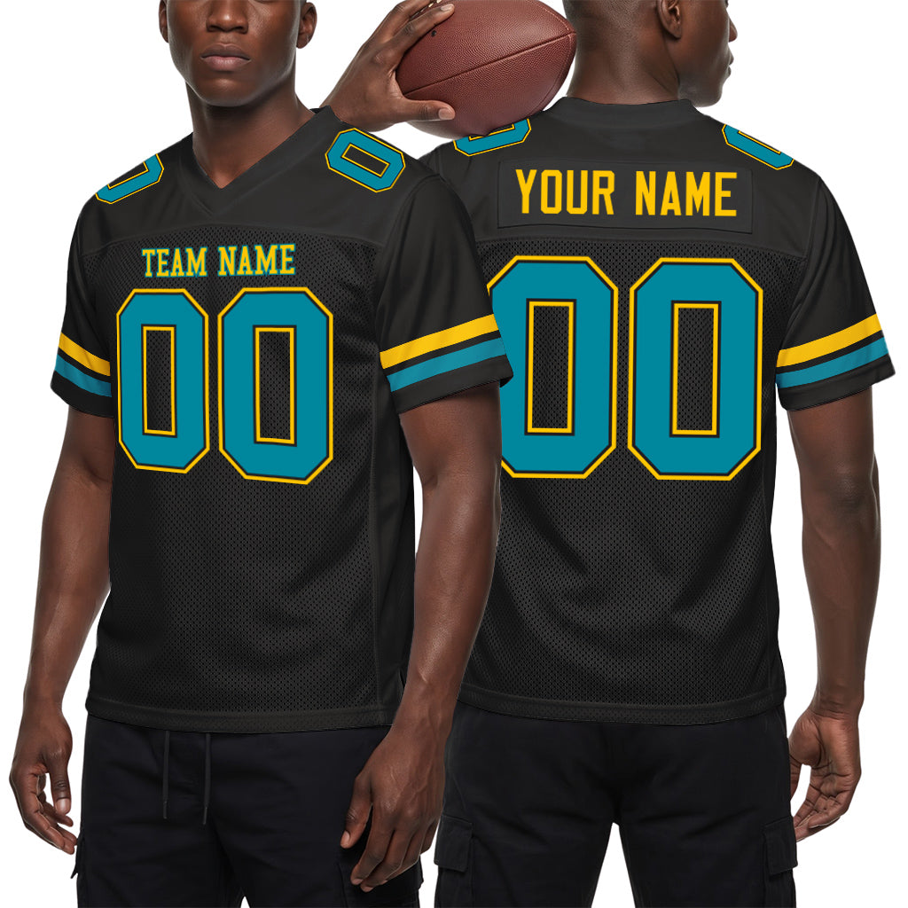 Custom Black Teal-Gold Mesh Football Jersey