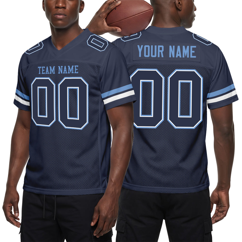 Custom Navy White-Light Blue Mesh Football Jersey