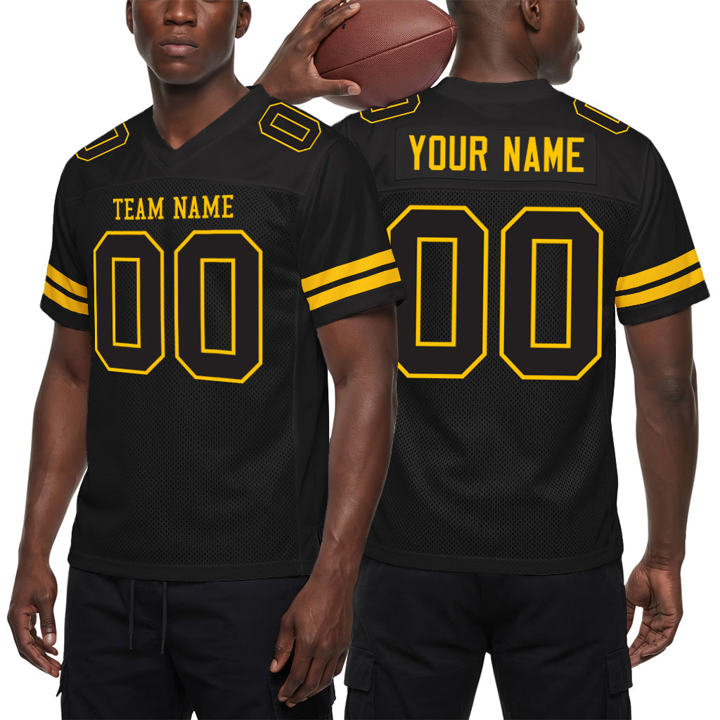 Custom Black Black-Gold Mesh Football Jersey