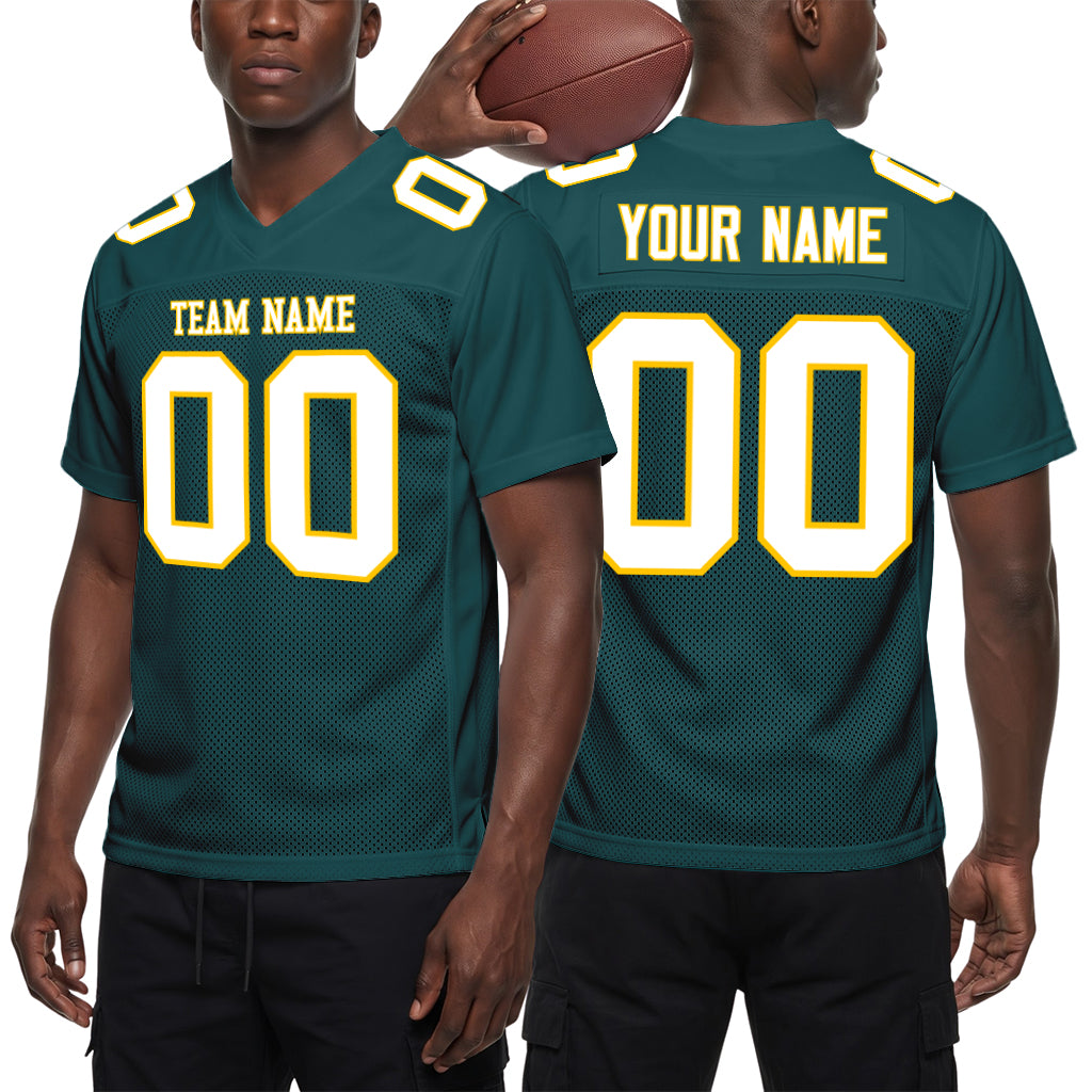 Custom Midnight Green White-Gold Mesh Football Jersey