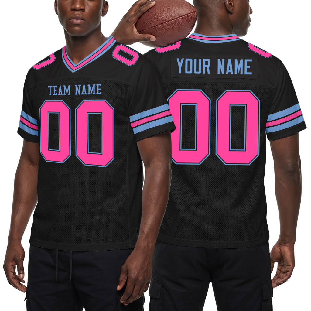 Custom Black Pink-Light Blue Mesh Football Jersey