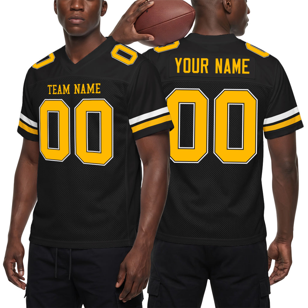 Custom Black Gold-White Mesh Football Jersey