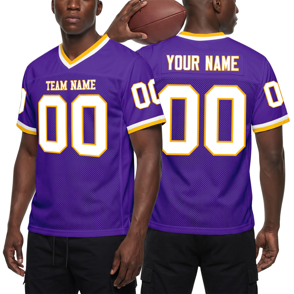 Custom Purple White-Gold Mesh Football Jersey