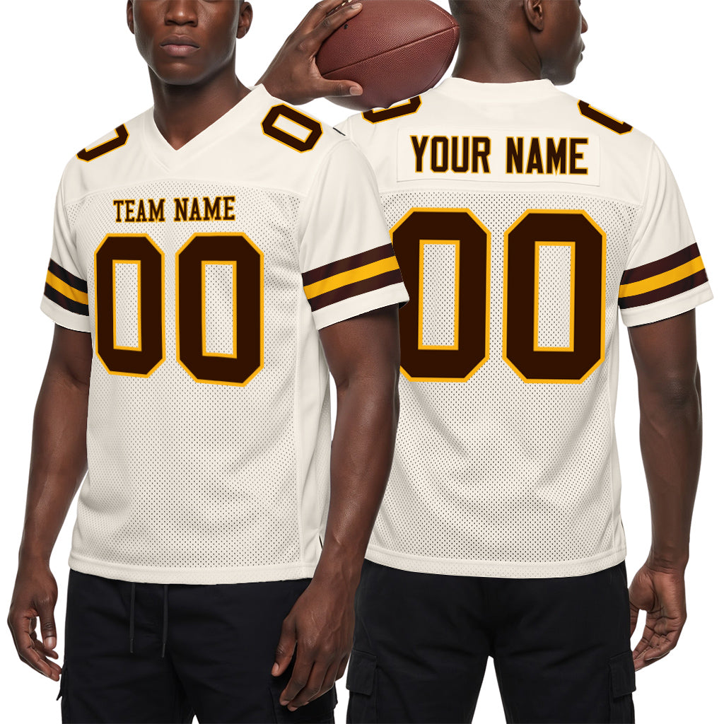 Custom Cream Brown-Gold Mesh Football Jersey