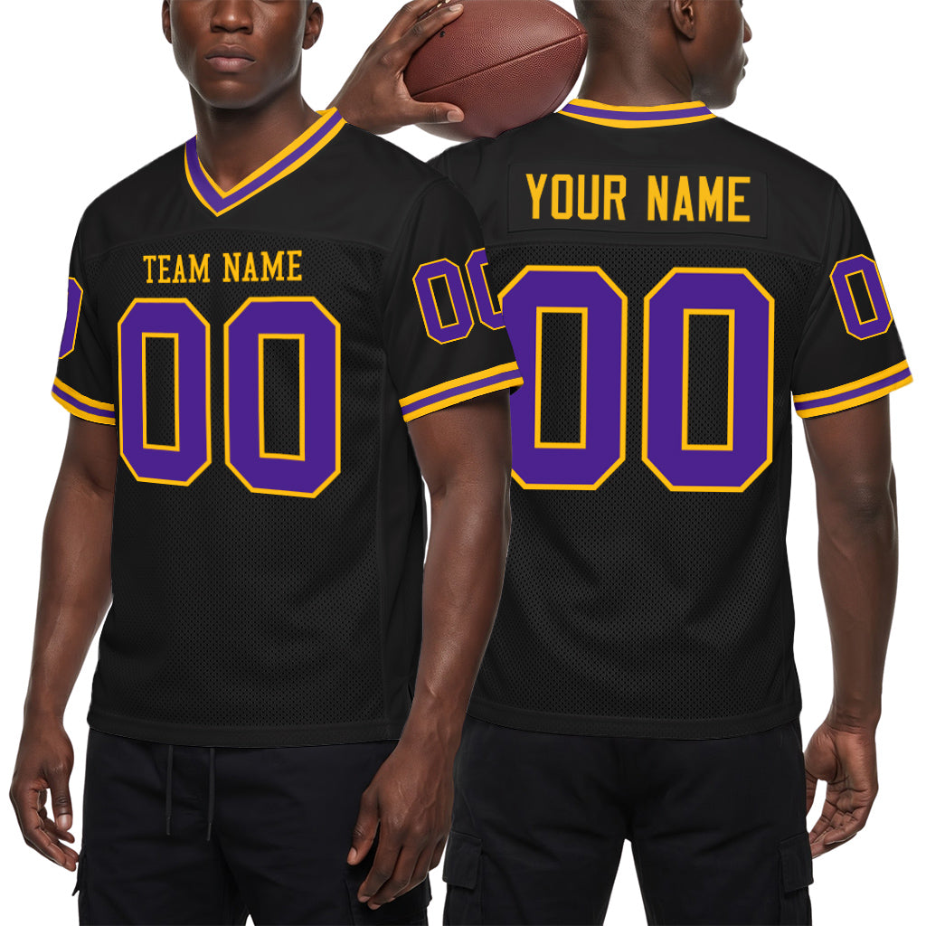 Custom Black Purple-Gold Mesh Football Jersey