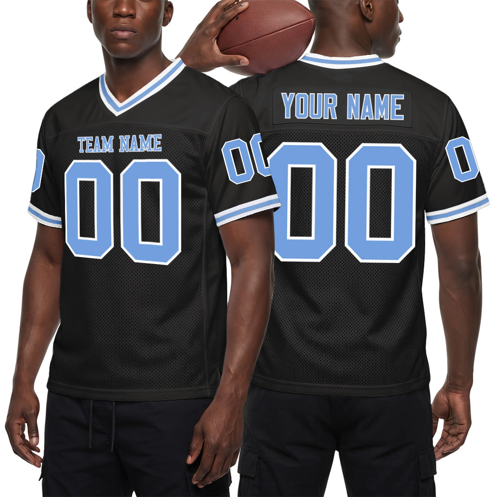 Custom Black Light Blue-White Mesh Throwback Mesh Football Jersey