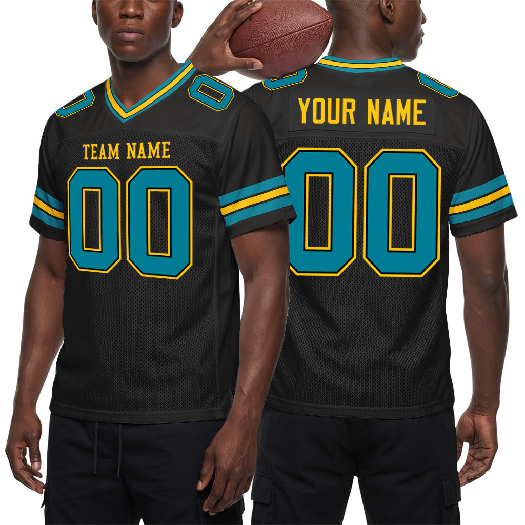 Custom Black Teal-Yellow Custom Name Mesh Football Jersey