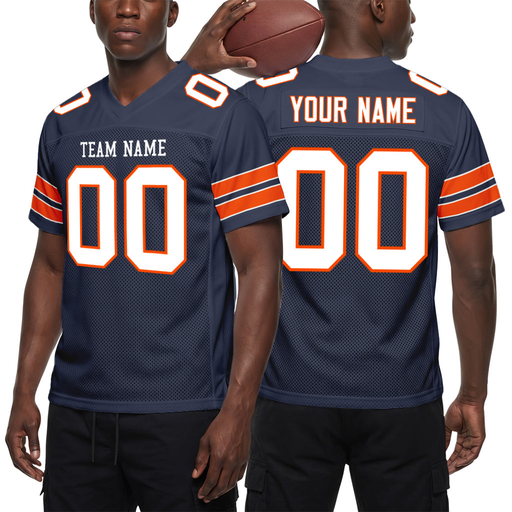 Custom Navy White-Orange Mesh Football Jersey
