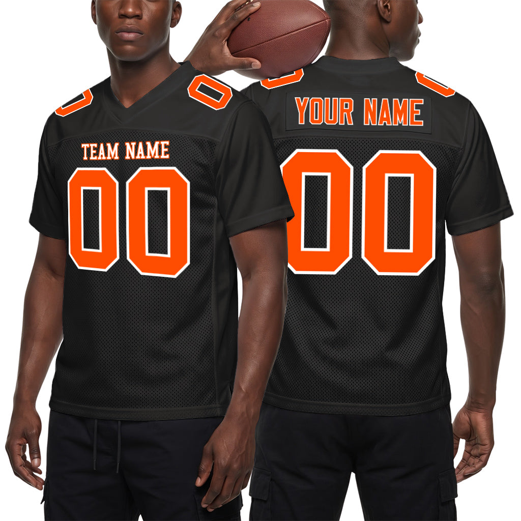 Custom Black Orange-White Mesh Football Jersey